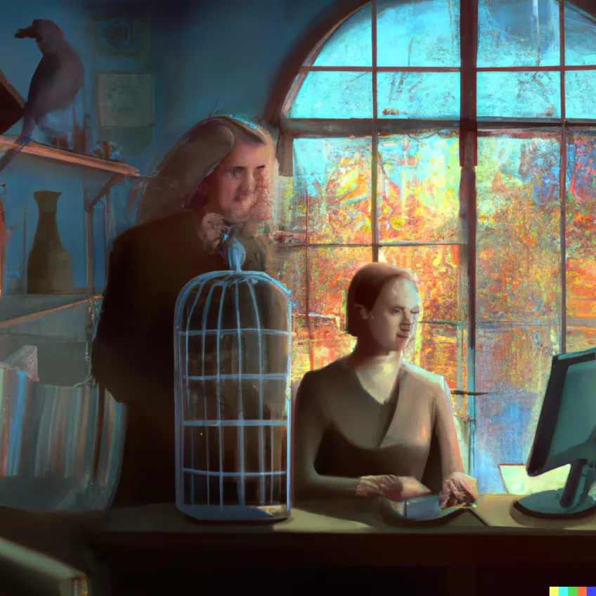 Digital painting with two persons behind a computer. Photo.